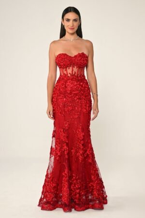 فستان أحمر مكشوف الأكتاف أنيق للمناسبات