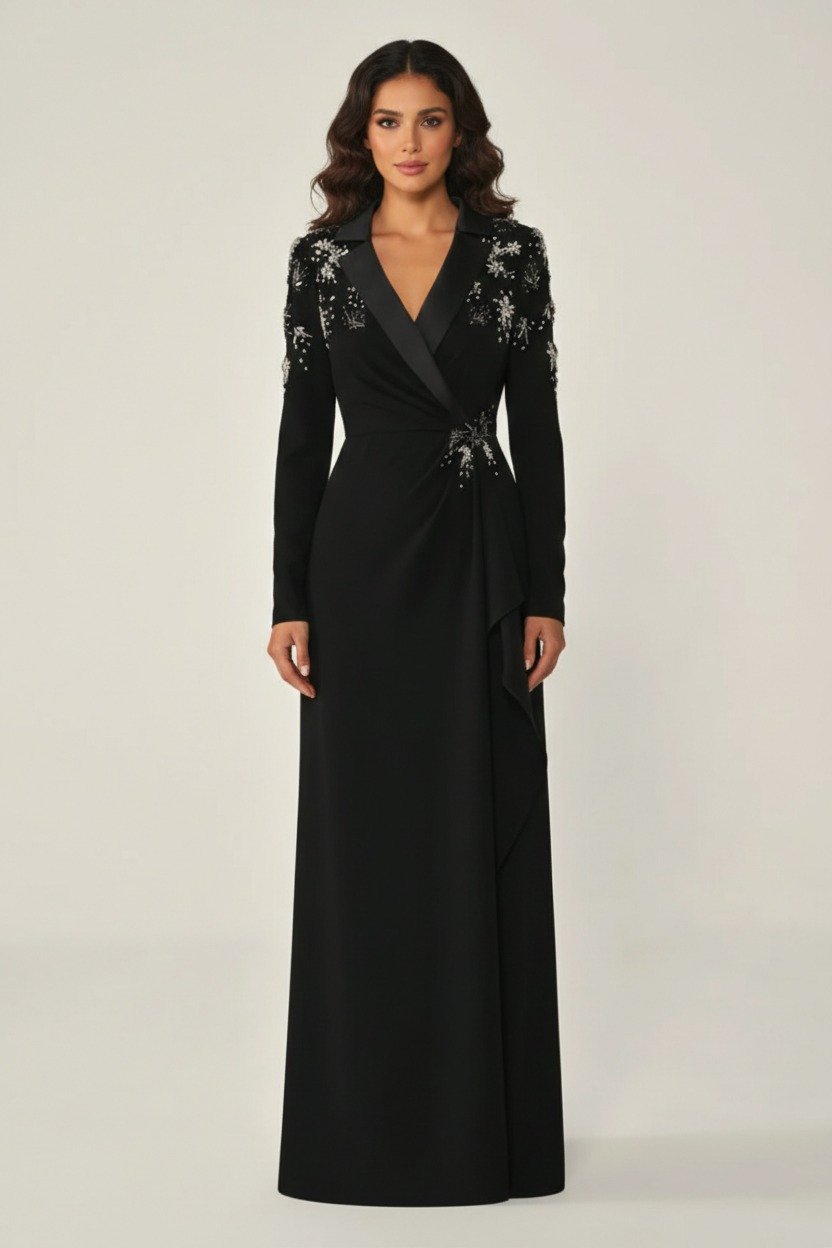 فستان كريب اكمام طويله