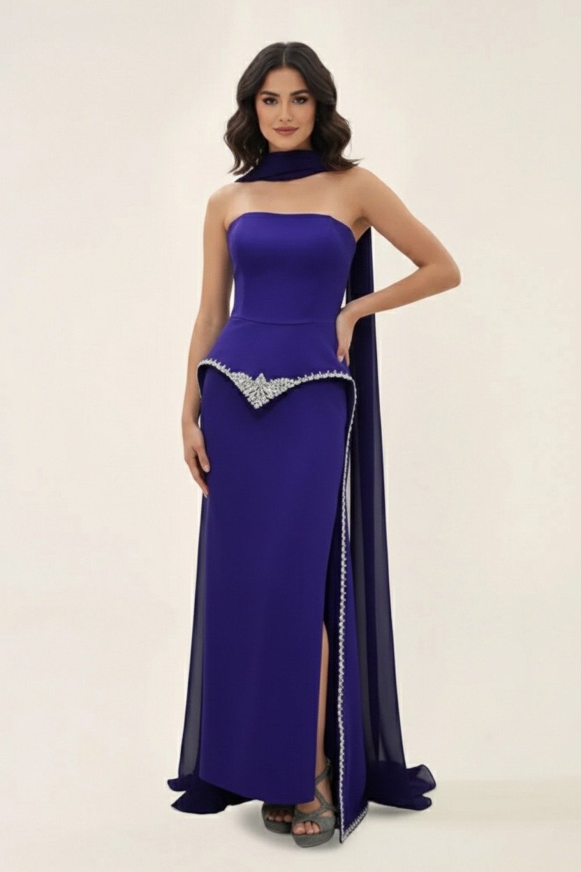 فستان بنفسجي ملكي بدون أكمام بقصّة مستقيمة