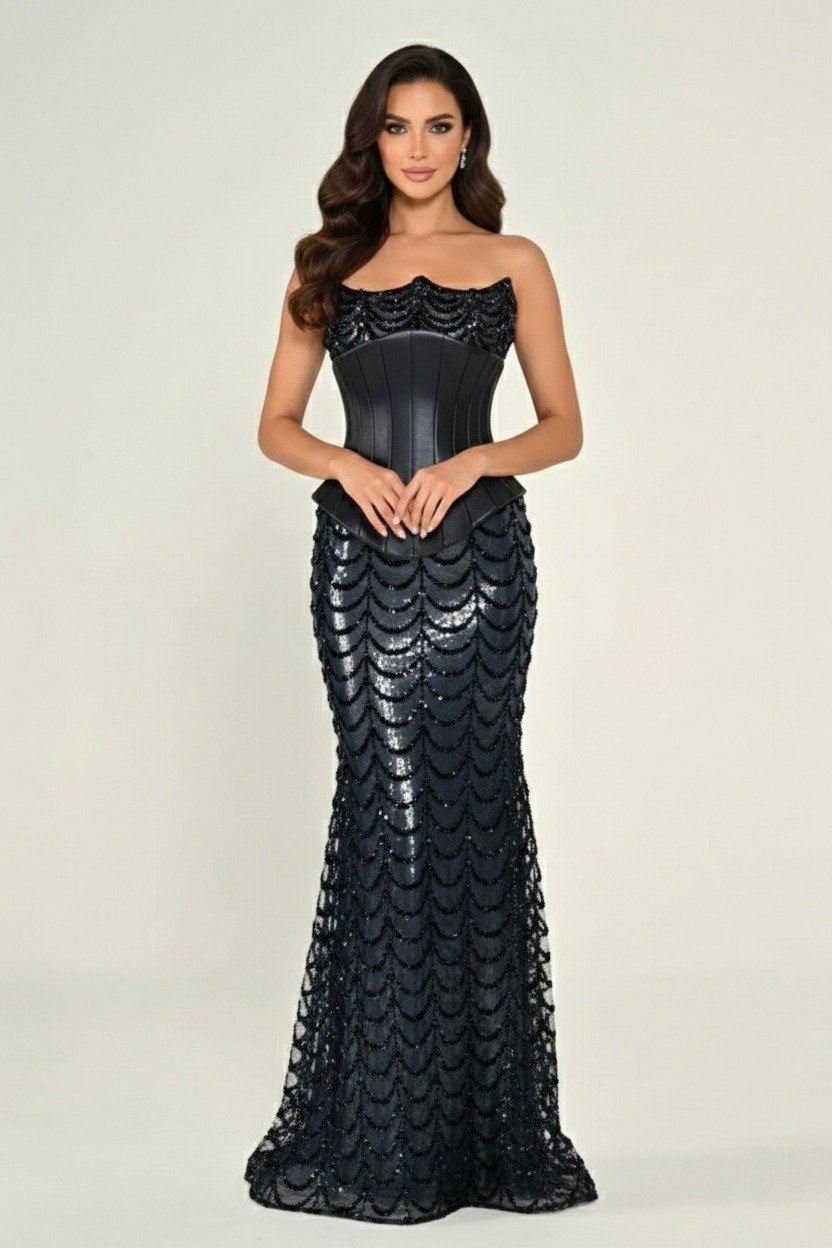 فستان كحلي فاخر بدون أكمام بتصميم كورسيه