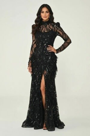 فستان سهرة أسود أنيق بتصميم لامع