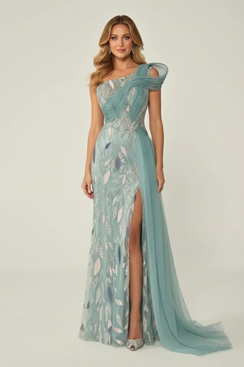 فستان بكتف واحد أنيق باللون الأخضر الفاتح