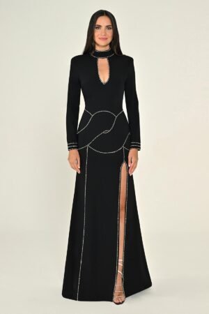 فستان أسود راقٍ بأكمام طويلة وياقة عالية