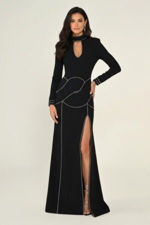 فستان أسود راقٍ بأكمام طويلة وياقة عالية
